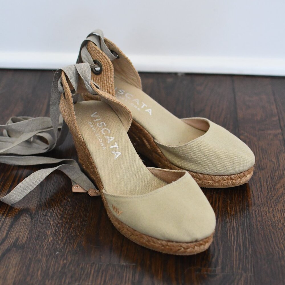 Viscata Beige Canvas Espadrille Wedge Sandals Lace Up Ankle Tie - Picture 2 of 5